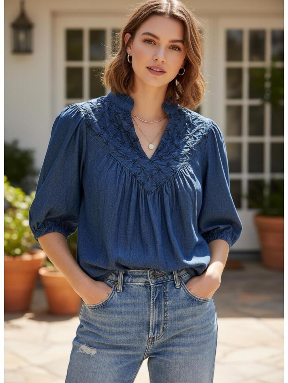 VOY Blue Embroidered V-Neck Blouse Size M Denim